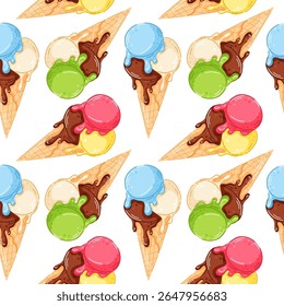 Naadloos patroon met Triple smeltende schepijsje met chocolade, aardbei, citroen, kiwi, bosbes en vanille smaak in cartoon stijl. Perfect voor zomer design behang.