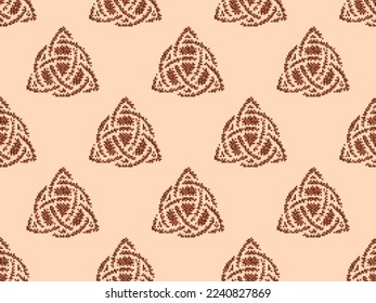 Seamless pattern with Triquetra in pixel art style. Pixelated Triquetra. Trinity knot. Style of 8-bit retro games from the 80s and 90s. Design for app, banner and poster. Vector illustration