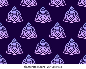 Seamless pattern with Triquetra in pixel art style. Pixelated Triquetra. Trinity knot. Style of 8-bit retro games from the 80s and 90s. Design for app, banner and poster. Vector illustration