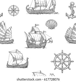 Seamless pattern with trireme, caravel, drakkar, junk, anchor, shell, wheel. Vintage black vector engraving illustration for poster, label, postmark. Isolated on white background.