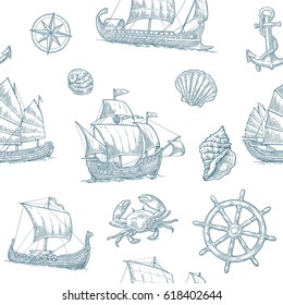 Seamless pattern with trireme, caravel, drakkar, junk, anchor, shell, wheel. Vintage monochrome vector engraving illustration for poster, label, postmark. Isolated on white background.