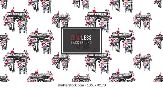 Seamless pattern with triumphal arch with flowers. French symbols hand drawn illustrations. Watercolor style vector background.