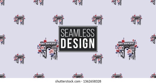 Seamless pattern with triumphal arch with flowers. French symbols hand drawn illustrations. Watercolor style vector background.