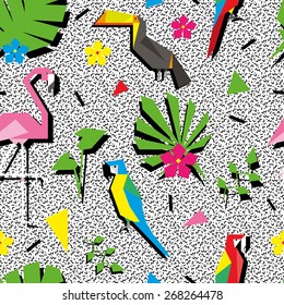 Seamless pattern with tropic birds and leaves in retro funny style 