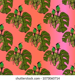 Seamless pattern with tropic birds and plants. Humming bird and monster leaves on pink gradient background. Vector texture design