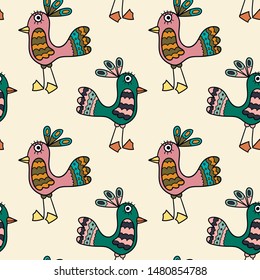 Seamless pattern with tropic cartoon doodle bird. Vector illustration.   

