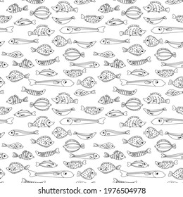 Seamless pattern of tropic cute doodle exotic fish outline. Vector stock illustration clipart isolated on white background.