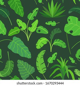 Seamless pattern with tropic exotic plants on a dark green background. Summer theme eco print with pal tree leaves for fabric, textile, wrapping paper background, packaging design. Jungle texture.