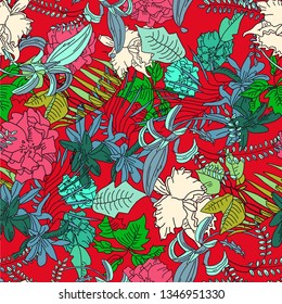 Seamless pattern with tropic flowers and leaves. Trend fashion textile surface print for interior decor, womenswear, cover, gifts.
