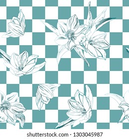 Seamless pattern with tropic flowers on green chequered background, chessboard for textile, bedlinen, cushion, undergarment, wallpaper. Vector illustration