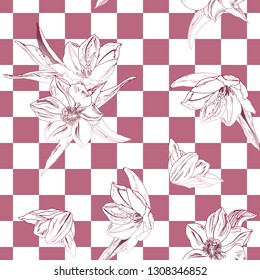 Seamless pattern with tropic flowers on chequered background, chessboard for textile, bedlinen, pillow, cusion, undergarment, wallpaper. Vector illustration