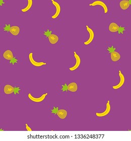 Seamless pattern with tropic fruits. Kawaii style. Vector