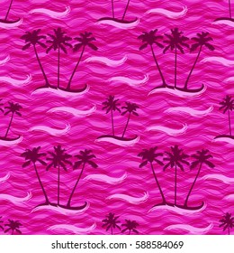 Seamless pattern of tropic island with palm trees in sea. Exotic wallpaper on pink background.