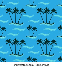Seamless pattern of tropic island with palm trees in sea. Exotic wallpaper isolated on blue background.