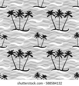 Seamless pattern of tropic island with palm trees in sea. Exotic wallpaper on greyscale background.