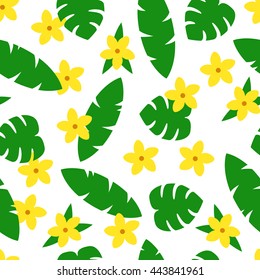 Seamless pattern with tropic leaves and flowers on white background. Art vector illustration.