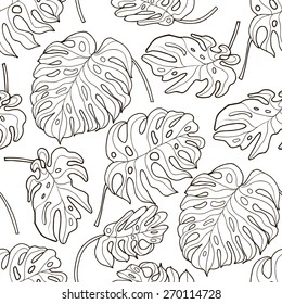 Seamless pattern with tropic leaves of monstera on white background.