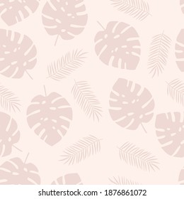 Nahtloses Muster mit tropischen Blättern auf rosafarbenem, pastellfarbenem Hintergrund. Perfekt für Stoffdruck, Umhüllung, Wallpaper, etc. Einladung, Karte, etc.