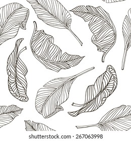 Seamless pattern with tropic leaves on white background.