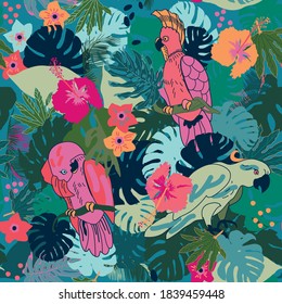 Seamless pattern with tropic leaves and parrots, vector design for paper, fabric 