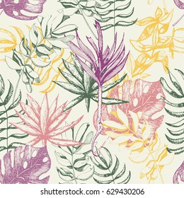 Seamless pattern with tropic leaves and plants in vintage style. Hand drawn seamless background, wrapping paper design with exotic, tropical leaves