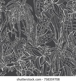 Seamless pattern with tropic plants. Black and white,contour,monohrome.