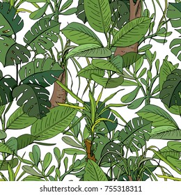 Seamless pattern with tropic plants. Green color, exotic flowers used indoor