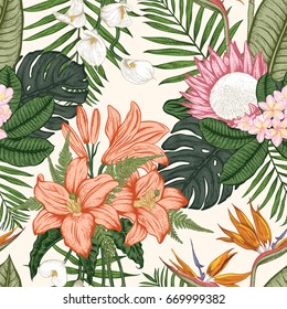 Seamless pattern with tropica flowers. Vector illustration.