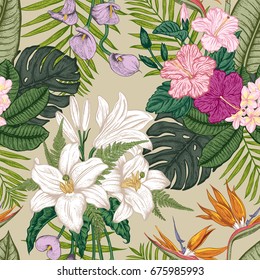 Seamless pattern with tropica flowers. Vector illustration.