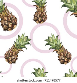 Seamless pattern with tropical Ananas. Element for design of invitations, movie posters, fabrics and other objects. Isolated on white. Vector EPS 10