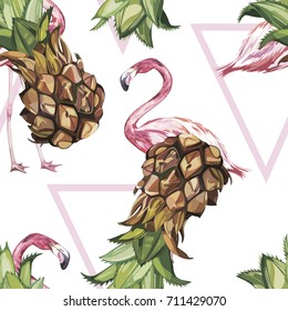 Seamless pattern with tropical Ananas and Flamingo. Element for design of invitations, movie posters, fabrics and other objects. Isolated on white. Vector EPS 10