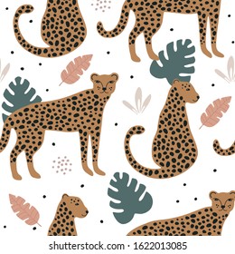 Seamless pattern with tropical animal cheetah, leopard and jungle leaves and palms. Abstract digital paper background for fabric, textile, wrapping. Vector printable modern art
