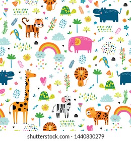 Seamless pattern with tropical animals. 