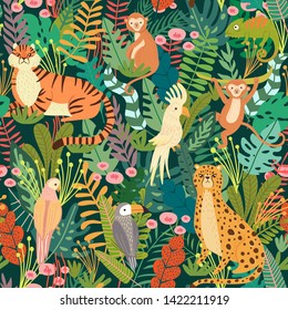 Seamless Pattern With Tropical Animals And Bird In Jungle. Exotic Animals, Birds, Plants. Monkey, Leopard, Tiger, Parrot, Toucan, Chameleon. Vector Illustration Backgrounds