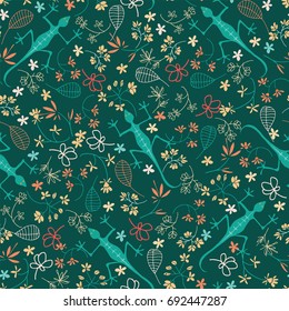 Seamless pattern of tropical animals and flowers in bright colors. Vector illustration.