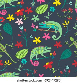 Seamless pattern of tropical animals and flowers in bright colors. Vector illustration.