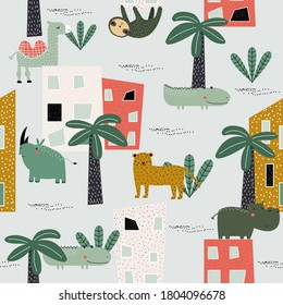 Seamless pattern with tropical animals and houses. Kids funny print. Vector hand drawn illustration.