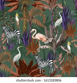 Seamless pattern with tropical animals in jungle. Vector.