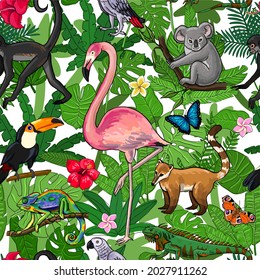 seamless pattern tropical animals plants and flowers