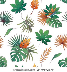 Seamless pattern with tropical arrangement. Vector illustration of areca palm, aralia palm, monstera. For fabric, textile, wrapping paper, cover, package. Tropical leaves.