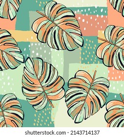 Seamless pattern of a tropical artwork, with multicolored hand drawn elements and funny background. Monstera pattern perfect for fashion and decoration