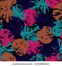 Seamless pattern of a tropical artwork, with multicolored hand drawn elements and funny background.  tropical leaves pattern for textil and decoration