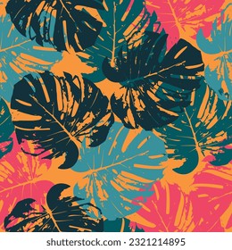 Seamless pattern of a tropical artwork, with multicolored hand drawn elements and funny background.  Exotic multicolored monstera leaves. Vector illustration.