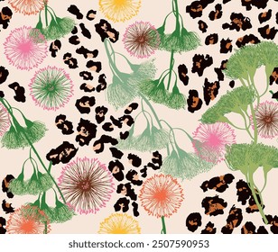 Seamless pattern of a tropical artwork, with multicolored hand drawn elements and funny background. floral pattern perfect for fashion and decoration