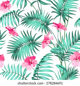 Seamless pattern. Tropical background with flowers. Vector illustration.