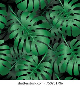 seamless pattern of tropical background with monstera leaves on black background