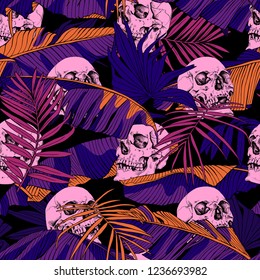 Seamless pattern. Tropical banana, exotic palm leaves and Human skulls at a bright pink-violet night. Textile composition, hand drawn style print. Vector illustration.