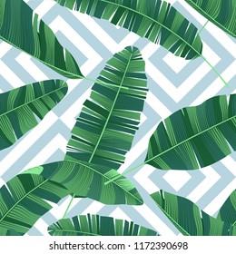 Seamless pattern tropical banana leaves on geometrical ornament