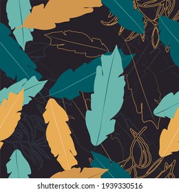Seamless pattern of tropical banana leaves of different colors. Blue, turquoise, yellow leaves and their outlines on a dark background are combined into a composition for textiles, wrapping paper.