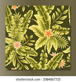seamless pattern with tropical banana leaves and plants foliage with abstract flowers on dark green background. vector design. Exotic jungle wallpaper. Botanical background. printing and textiles